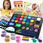 Lubibi Face Paint Set for Kids, 20 Color Face Painting Palette with 4 Metallic Colors, Hair Chalks, Gems, Stencils, Guide Non-Toxic - Water Based - Halloween Carnival Makeup Kit