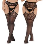 MANZI Women Suspender Tights Plus Size Lace Patterned Garter Stockings Sexy Fishnet Thigh High 2 Pairs