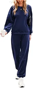 Beyove Velvet Tracksuit Round Neck Sweatshirt and Drawstring Pants Leisure 2 Piece Sweatsuit Pullover Set Navy Blue M