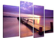 PICTURE - Multi Split Panel Canvas Artwork Art - Sunrise Sunset Purple Sky Cloud Pier Lake - ART Depot OUTLET - 4 Panel - 101cm x 71cm (40"x28")