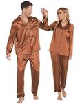 Ekouaer Men's Satin Long Pjs Winter Button Down Pajama Shirt and Sleep Pants Set Casual Loungewear with Pockets Brown,M