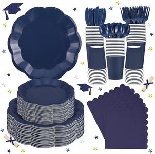 NatNarr 350 Pcs Navy Blue Plates and Napkins Set, 50 Guest Navy Blue Party Supplies Include 9" Graduation Plates & 7" Cake Plate Disposable Cutlery for Birthday Graduation Party Wedding