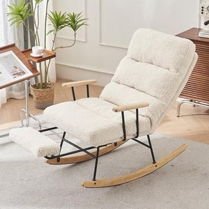 Nursery Rocking Chair,Upholstered Glider Rocker Chair with Retractable Footrest & Adjustable Back,High Backrest Nursing Armchair, Modern Rocking Accent Chairs for Bedroom Living Room Office Biege