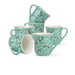 Shay Ceramic Tea Cups Set of 6, Mint Floral,180ml | Tea Cup Set of 6 | Glossy Finish | Premium Stoneware | Tea Set | Ceramic Tea Cup | Small Cups for Tea (Floral Tea Cups - Mint Green)