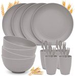 Wheat Straw Dinnerware Sets for 4 - GreenChoice Lightweight & Unbreakable Dishes Microwave & Dishwasher Safe Perfect for Camping, Picnic, RV, Dorm Plates, Cups and Bowls (Gray)