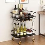 Wisdom Star 2 Tier Bar Cart with Wheels, Serving Cart with Wheels and 2 Handles, Outdoor Bar Cart for Home with Wine Rack and Glass Holder, Kitchen Serving Cart for Dining Room, Black Maple