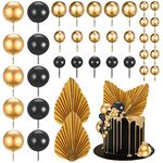 Pinenuts 37 Pcs Balloon Cake Topper, Black and Gold Ball Cake Decorations Mini Foam Balls Cupcake Topper Balloon Cake Picks for Birthday Wedding Anniversary (Black)