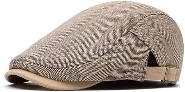 meioro Men's Cotton Flat Cap Herringbone Tweed Newsboy Hat Adjustable Wool Blend Hats Gatsby Cabbie Ivy Caps（Light Khaki）