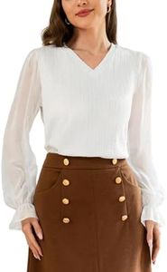 Belle Poque Jersey ligero de gasa de manga larga con cuello en V para mujer, blanco, XXL