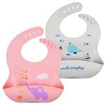 Vicloon Silicone Baby Bib, 2PCS Baby Weaning Bibs, Waterproof Baby Feeding Bibs Adjustable with Wide Food Catcher Pocket Unisex Toddler Bibs (Pink-Grey)