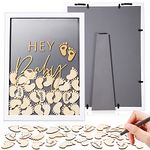 Unittype 71 Pcs Large Size Baby Shower Guest Book Alternative Baby Shower Sign in Guestbook Photo Frame with 70 Pcs Wood Chips Signature Keepsake for Baby Shower Favor Birthday Party(Grey, Footprint)