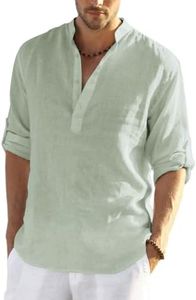 COOFANDY Men's Cotton Linen Henley T-Shirts Long Sleeve Hippie Casual Beach T-Shirts Light Green