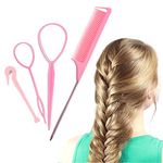 4Pcs Topsy Tail Hair Tool Hair Looping Tool Hair Braiding Tool with Rat Tail Comb, Ponytail Loop Hair Bands Remover Cutter Fast Hair Styling Accessories for Hair Braid