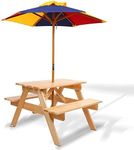 Keezi Kids Outdoor Table and Chairs Set, Wooden Picnic Bench with Colourful Umbrella Dining Tables Drawing Chair Eating Desks, Painting Activity Play Setting Home Living Room Bedroom Furniture