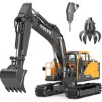 DOUBLE E Volvo 1:16 RC Excavator Toy,3 in 1 Construction Toys, 360°Rotation,Toys Digger with Metal Shovel Drill Grab RC Construction Vehicles for Kids Adults