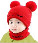 Kids Baby Winter Knit Hat Scarf Set Toddler Girls Boys Woolen Soft Wool Acrylic Lycra Pom Pom Beanie Cap Neck Warmer (Red, 6 Month to 3 Yrs)