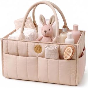 Baby Diaper Caddy Organizer - Portable Diaper Caddy with Handles & Removable Dividers - Large & Quilted Nursery Storage Basket for Girls - Changing Table Bag for Car - Gift for Baby Shower - Pink Sand