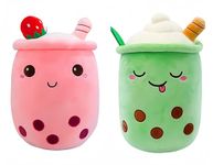 2 Pack Bubble Tea Plush Cute Stuffed Animal Stuffy Milk Cup Plushie Pillow, Soft Kawaii Ice Cream Cupcake Toys Gifts for Kids (Pink & Green)