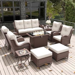 LayinSun 10 Pieces Outdoor Patio Furniture Set with Fire Pit Table, Rattan Wicker Sectional Swivel Rocker Chairs Sets with Ottomans, Swivel Glider Chair, Single Chairs and Coffee Table