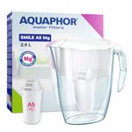 AQUAPHOR Smile Water Filter Jug - 2.9L, Fits Fridge Doors, Lightweight, Space-saving, Includes 1 x A5 350L Filter with added Magnesium, Reduces Limescale, Chlorine, Microplastics - White