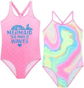 Mecamelon Girls One Piece Bathing Suit Unicorn Mermaid Printed Beach Swimwear, Pink Oceans, 12-13 Years