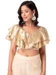 Indya Women's Solid Regular Fit Gold Satin Ruffled Blouse (ITP01371_White L)