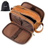 Water-Resistant Leather Toiletry Bag for Men Large Travel Wash Bag Shaving Dopp Kit Bathroom Gym Toiletries Makeup Organizer with Free Wet Dry Bag (Brown)