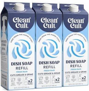 Cleancult Dish Soap Liquid Refill (32oz, 3 Pack) - Plant Based Cleaning Power - Dish Soap that Cuts Grease & Grime - Free of Harsh Chemicals - Uses 90% Less Plastic - Fresh Rain