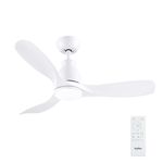 Newday 42 inch White Ceiling Fan with Light and Remote Control, Quiet Fan Light Ceiling with 3 Blades, Stepless Dimmer, Sleep Mode, Memory Function, Reversible for Bedroom Living Room Kitchen Terrace