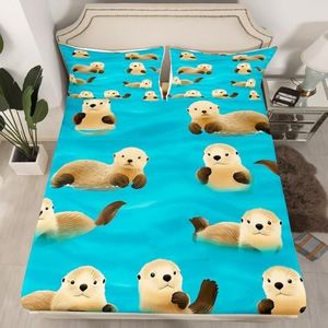 Feelyou Kids Bedding Set Cute Cartoon Otter Bed Sheet Set for Boys Girls Children Kawaii Zoo Animal Fitted Sheet Wildlife Otters Bed Cover Room Decor 3Pcs with 2 Pillow Case Queen Size
