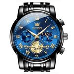 OLEVS Black Watch for Men Chronograph Luxury Tourbillon Mens Watches Stainless Steel Waterproof Watches for Men Analog Quartz Mens Watch Classic Blue Face Father Watches, Montre Pour Homme