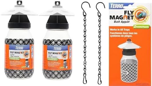 TERRO Fly Magnet, Reusable Fly Trap - Includes Two Fly Magnet Devices with 2 Bait Traps, 1 Pack of Refill with 2 Baits, and Two Heavy Duty 9.5 in Supply Hanging Chain
