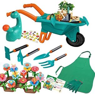 Qtioucp 16Pcs Kids Gardening Tools Outdoor Toys Set Backyard Play with Wheelbarrow, Apron, Watering Can and More Educational STEM Learning Pretend Toys Outdoor Indoor for Toddlers Kids Boys Girls