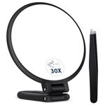 MIYADIVA Magnifying Mirror, Hand Mirror with 30X Magnification, Small Magnifying Mirror for Plucking Eyebrows, Travel Makeup Mirror, Double Side Hand Held Mirror with Tweezers 5.5 Inches (Black)