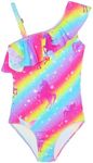Girls Bathing Suit Size 9-10 Years Old Colorful Unicorn One Shoulder Ruffle Swimsuit