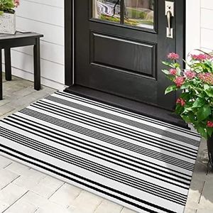 Black and White Striped Outdoor Rug, 27.5"x43" Cotton Modern Hand-Woven Reversible Front Porch Door Mat Welcome Layered Doormat Washable Doorway Carpet for Farmhouse Kitchen Laundry Room