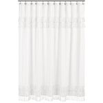 Sweet Jojo Designs White Boho Bohemian Bathroom Fabric Bath Shower Curtain - Solid Color Shabby Chic Luxurious Luxury Elegant Vintage Designer Boutique Tassel Fringe