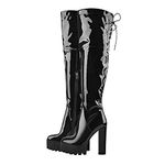 Only maker Women's Lace Up Over the Knee High Boots wtih Zipper Back Adjustable Tie Up Platform Thigh High Booties Track Sole Block Chunky Heeled High Heel Boots Faux Patent Leather Black Size 13