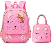 Cute Cat Face Pink School Backpack with Lunch Bag for Girls, Elementary School Bags Bookbags for Kids