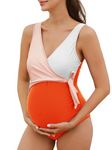 Maternity Swimsuit One Piece Tie Front Bathing Suit V Neck Pregnancy Swimwear High Cut Orange White M