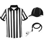 Kid's Official Umpire Jersey, Black and White Stripe Overturned Collar Referee Shirt, Stainless Steel Whistle with Lanyard for Basketball Football Soccer (X-Large)