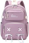 El-fmly Lightweigt School Bookbag Travel Backpack Daypack with Cute Ribbon for Kids Teen Girls Students (Purple)