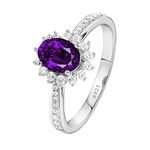 Daesar Promise Ring 925 Sterling Silver Rings for Women, Wedding Rings for Women Flower 4 Prong Oval Cubic Zirconia Purple Engagement Anniversary Ring Silver Ring Size 6.5