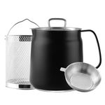 Bakpoco 2L Stainless Steel Oil Filter Pot, Bacon Grease Container with Strainer & Deep Fryer Basket, Kitchen Cooking Oil Lard Fat Saver, Pasta Vegetable Pot, Triply-Base Suits All Stoves, Black