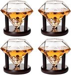 Set of 4 Diamond Whiskey & Wine Glasses With Wood Stands 10oz - Wine, Whiskey, Water, Diamond Shaped, Diamonds Collection Sparkle Patented Wine Savant - Stands Alone, Or on Stand, Cocktail Barware