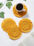 My Creative Hut Macrame Set of 4 Round Coasters Bohemian Style, Handmade, More Absorbent, Traditional, Diwali Gifting, Multipurpose, Big Size (Yellow)