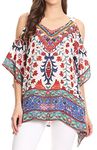 Sakkas 17259 - Saanvi Printed Draped Short Sleeve Strap Cutout Shoulder V-Neck Kaftan Top - TW25-White - L/XL