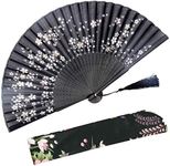 OMyTea Folding Hand Held Fan for Women Chinese/Japanese Vintage Retro Style - with a Fabric Sleeve for Protection (Little Sakura)