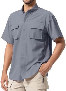 mosingle Men's Fishing Shirts with Zipper Pockets UPF50 Sun Protection Safari Lightweight Cool Short Sleeve Button Down Shirts Hiking(5018,Dark Grey-3XL)