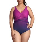 Lands' End Women's SlenderSuit Tummy Control V-Neck Wrap One Piece Swimsuit, Violet Rose/Navy Ombre, 20 Plus Long Torso